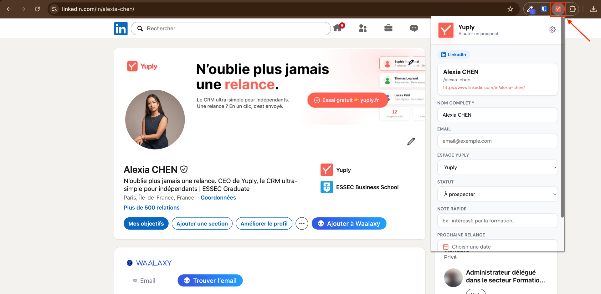 Extension Yuply sur un profil LinkedIn