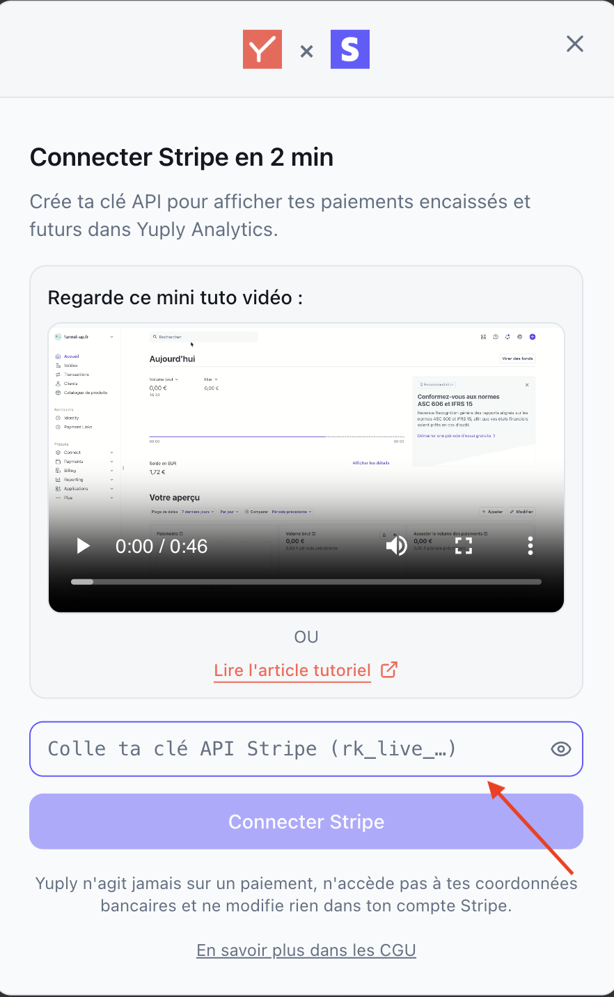 Fenêtre Yuply pour coller la clé API Stripe