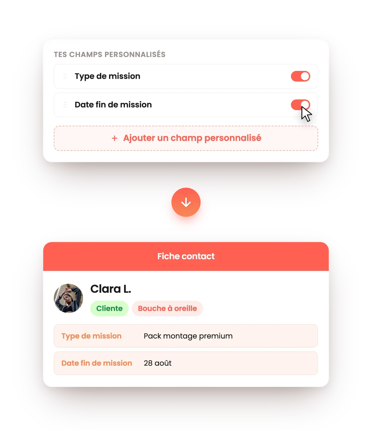 Champs personnalisés Yuply activés et affichés sur une fiche contact de freelance