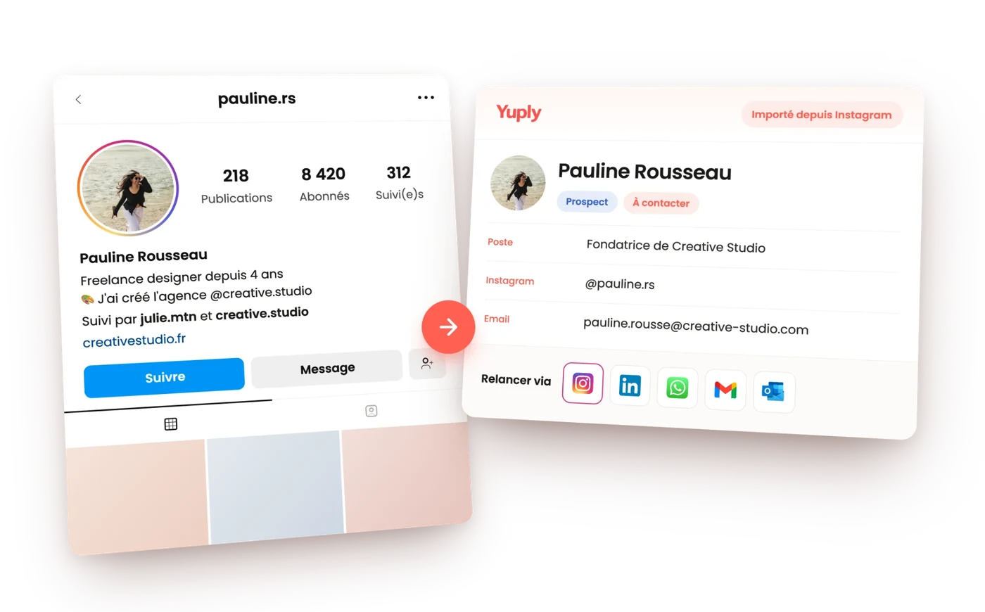 Profil Instagram importé automatiquement dans une fiche prospect Yuply