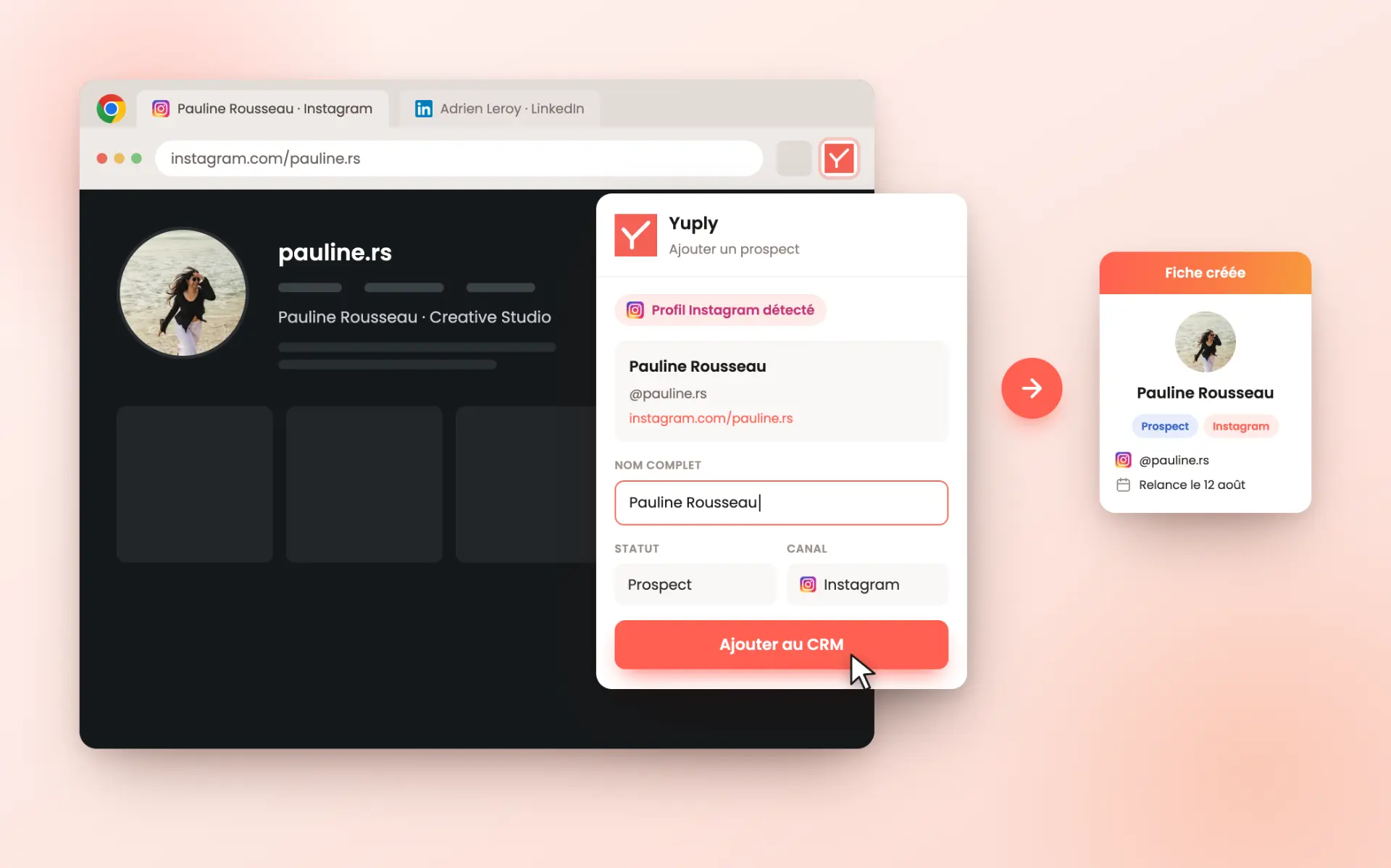 Extension Chrome Yuply ajoutant un prospect LinkedIn ou Instagram en un clic