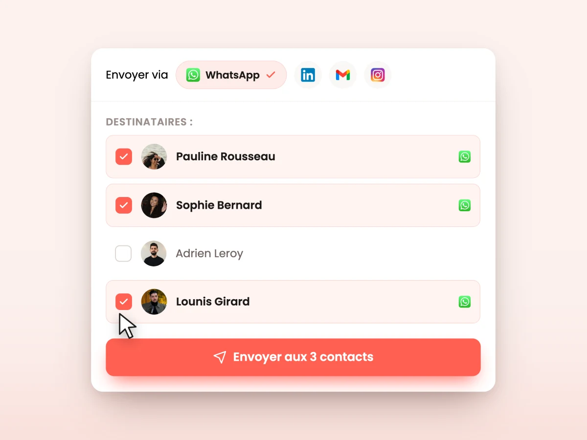 Envoi groupé d'une relance WhatsApp à plusieurs contacts dans Yuply