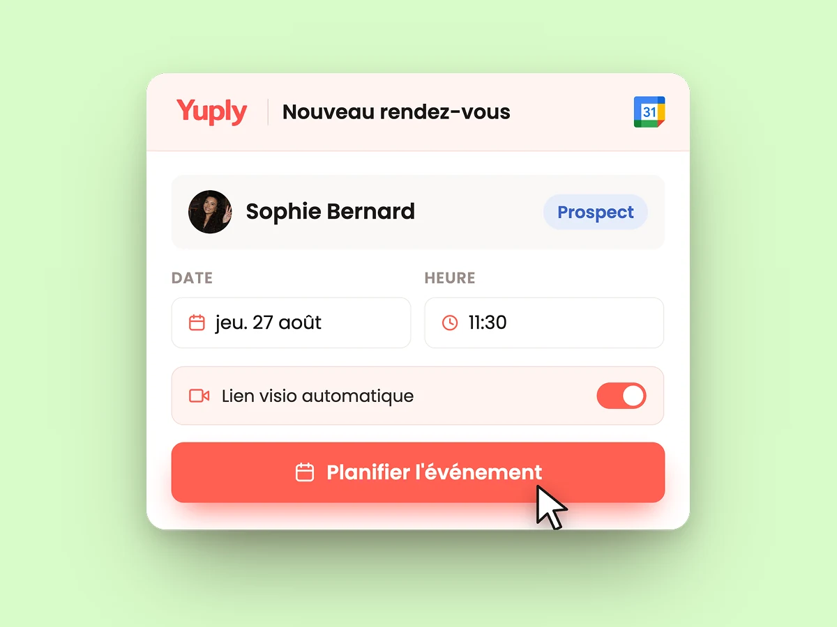 Planification d'un nouveau rendez-vous avec lien visio automatique dans Yuply
