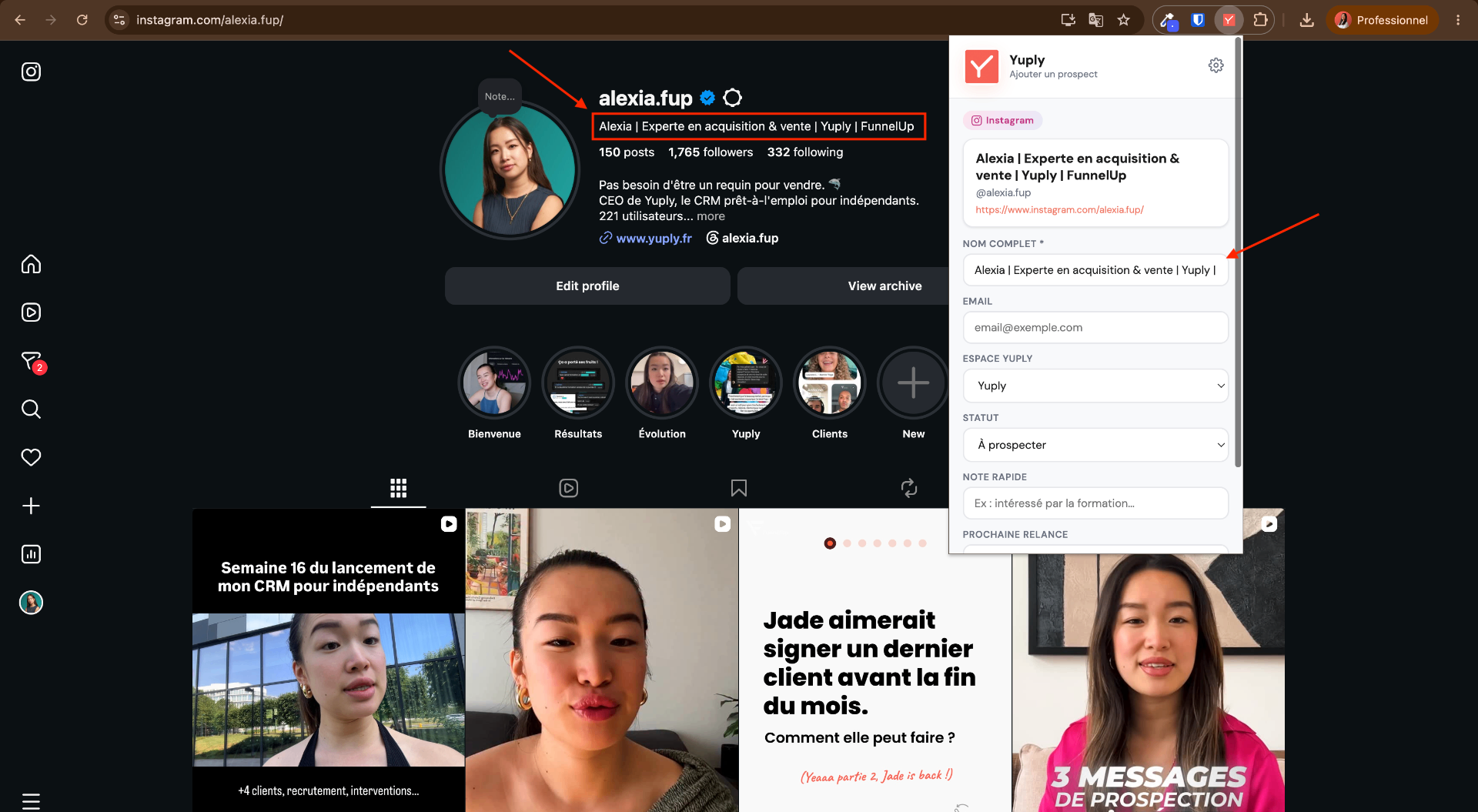 Extension Yuply sur un profil Instagram
