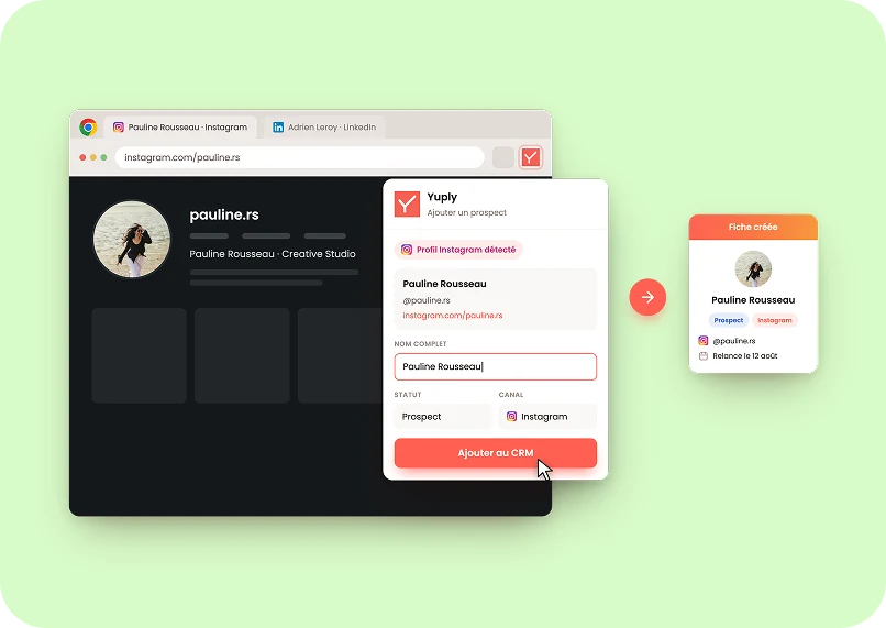 Extension Chrome Yuply ajoutant un contact depuis un profil Instagram