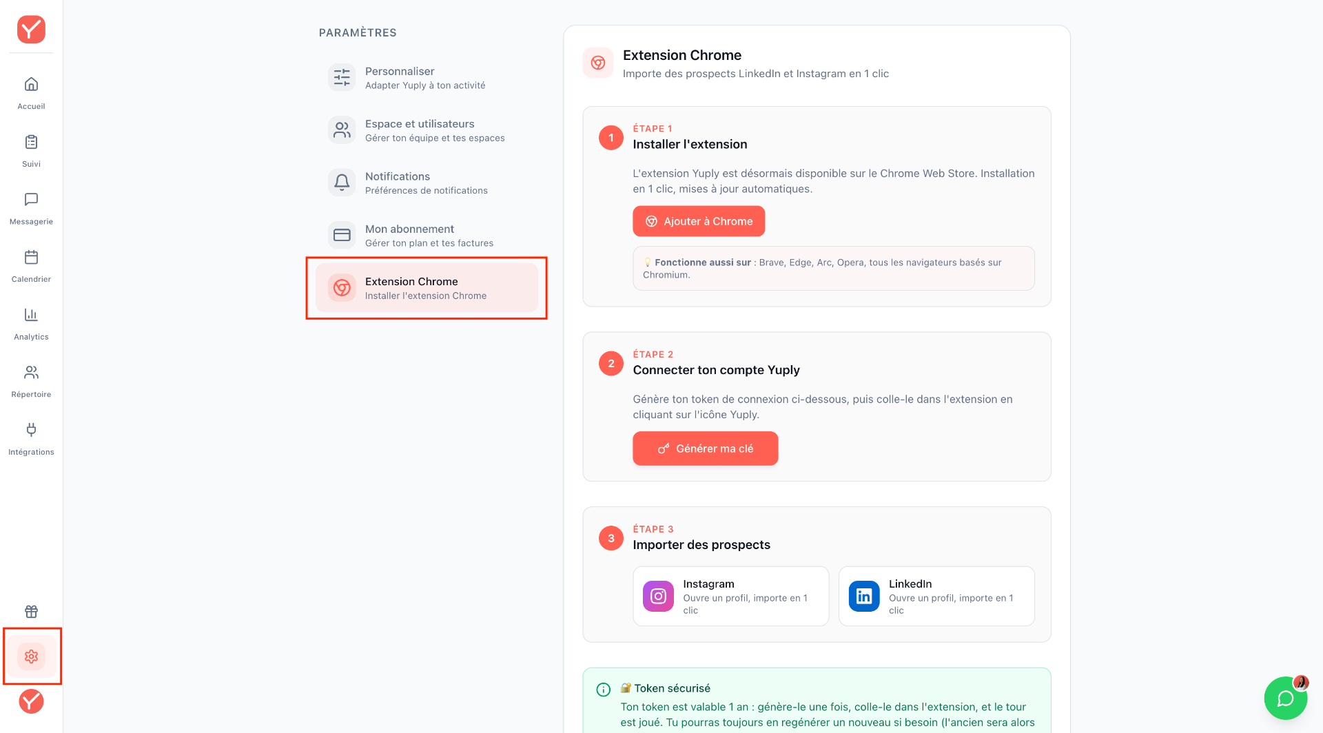 Onglet Extension Chrome dans les paramètres Yuply