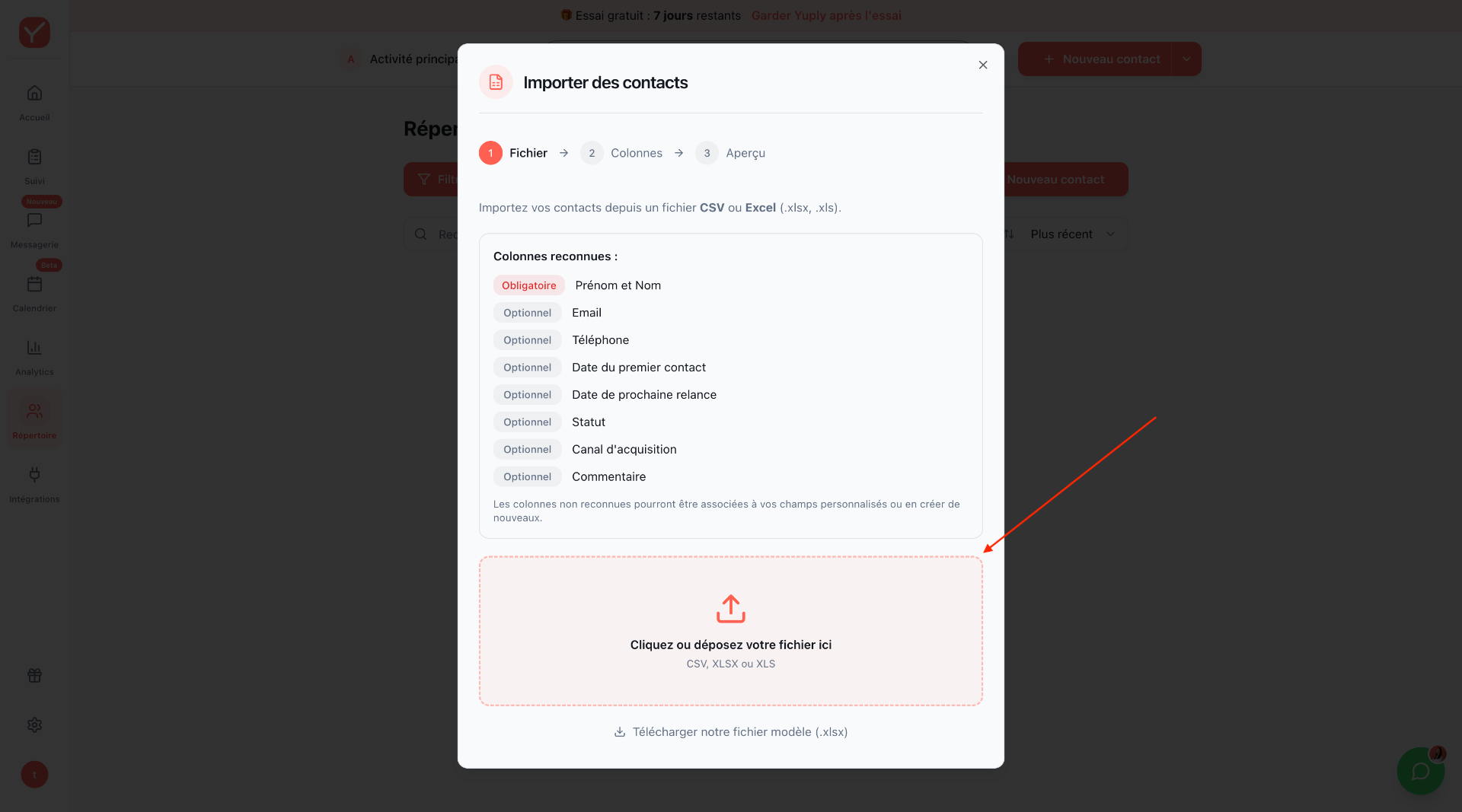Zone de dépôt du fichier à importer