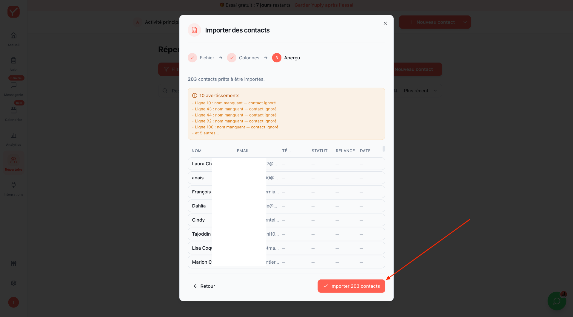 Aperçu final et validation de l'import