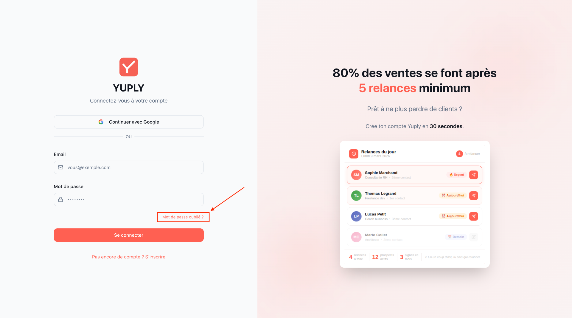 Lien Mot de passe oublié sur la page de connexion Yuply