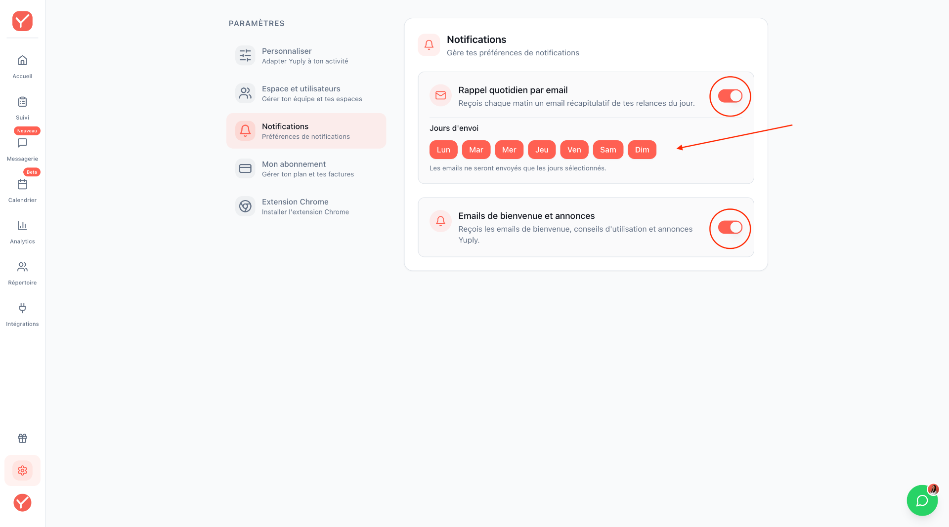 Préférences de notifications Yuply