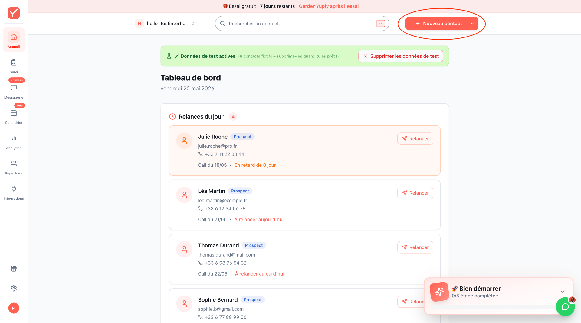 Bouton Nouveau contact dans Yuply