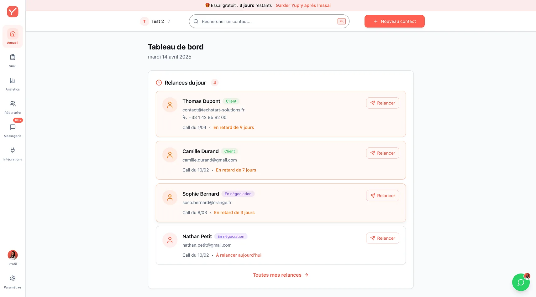 Tableau de bord Yuply — relances du jour avec 7 prospects à relancer, boutons de relance rapide