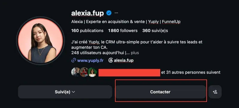 Bouton Contact d'un profil professionnel sur Instagram