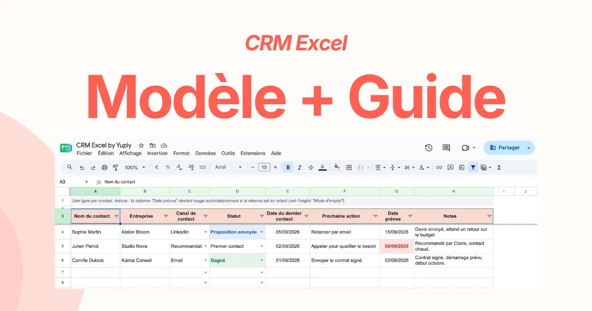 Modèle de CRM Excel Yuply ouvert dans Google Sheets avec les colonnes contact, statut, prochaine action et date prévue