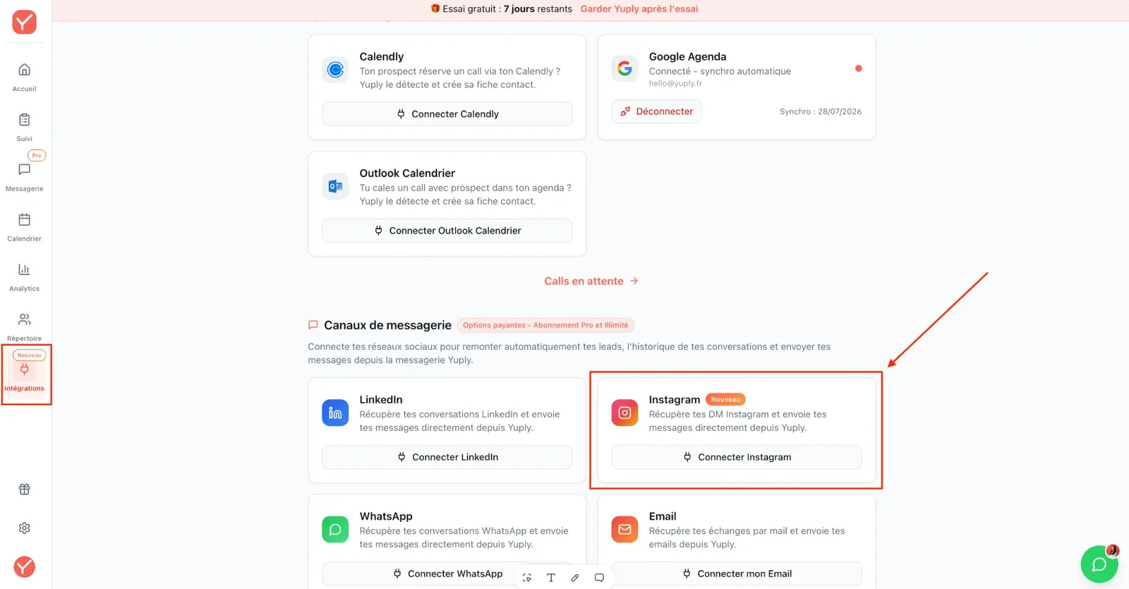 Connexion du canal Instagram dans les intégrations Yuply