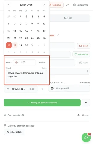 Programmation d'une relance avec heure et motif dans Yuply