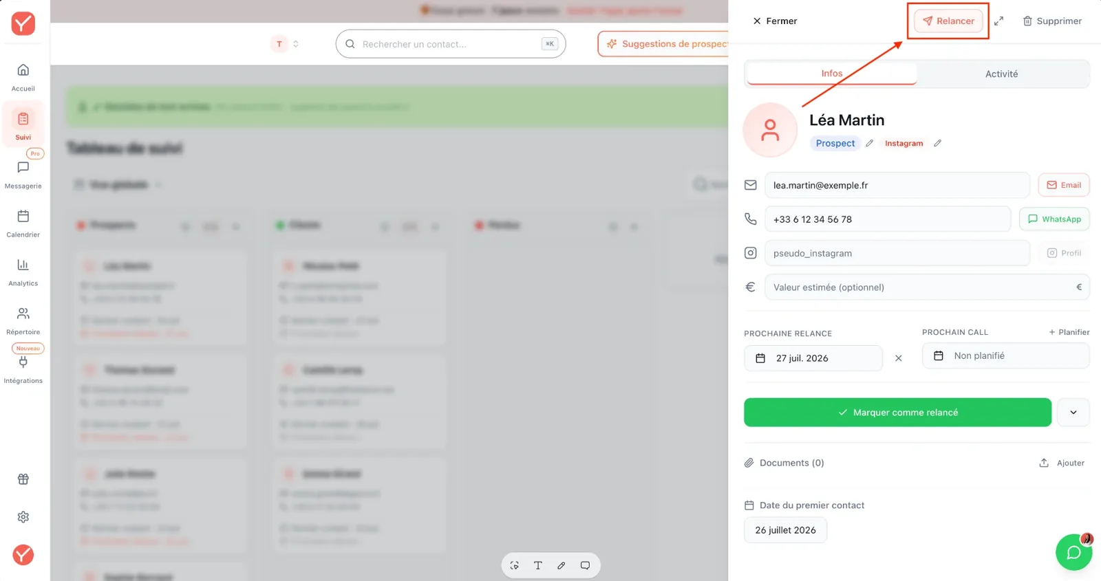 Bouton Relancer présent sur une fiche contact Yuply