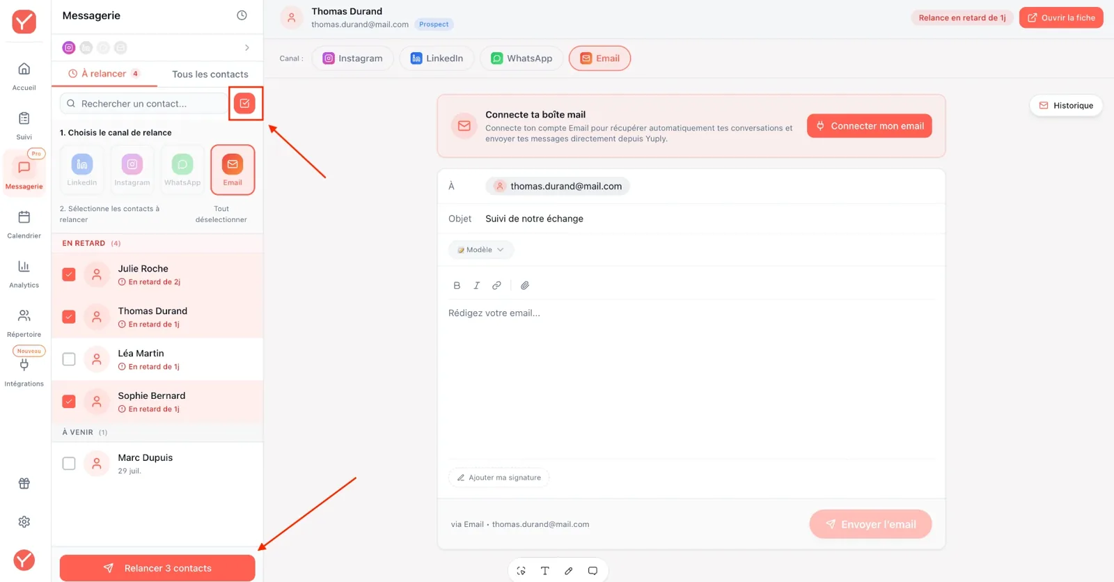 Interface d'envoi groupé de relances dans la messagerie Yuply