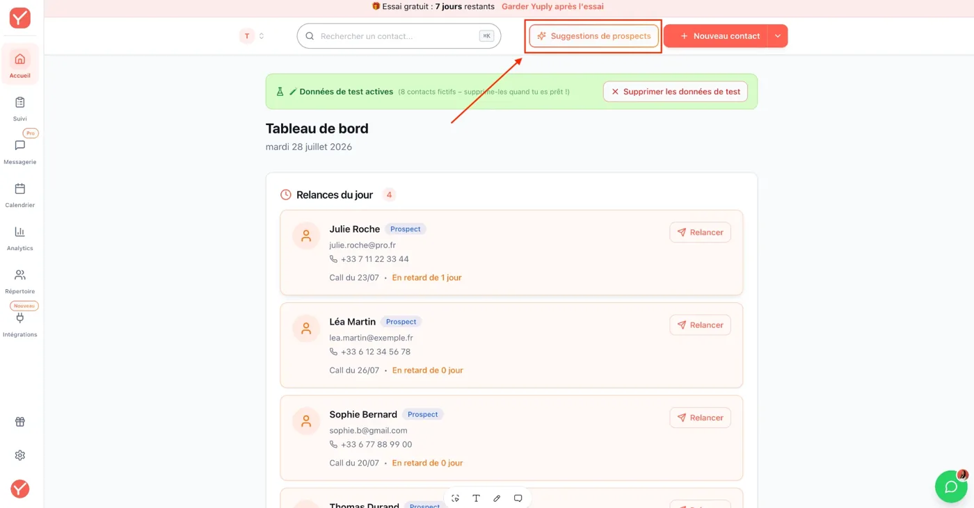 Bouton Suggestions de prospects dans le tableau de bord Yuply