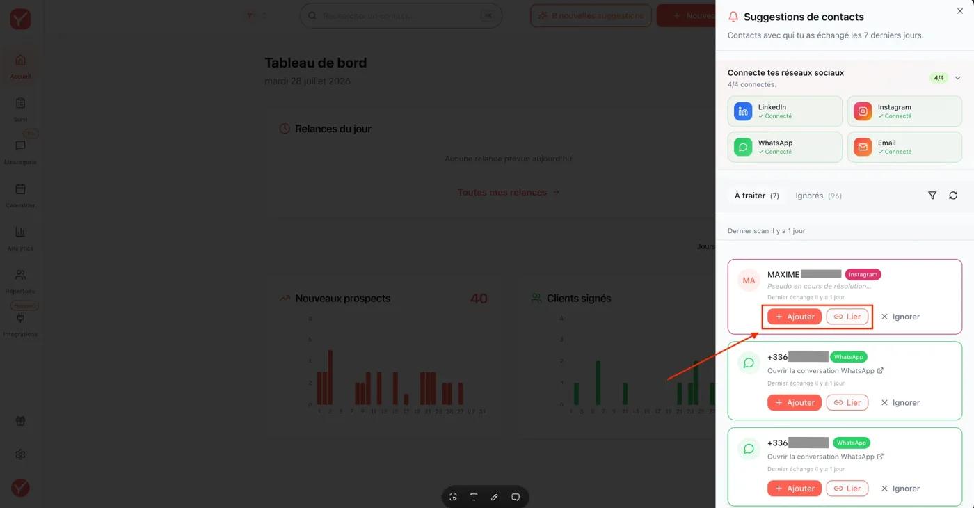Panneau Suggestions de contacts avec les réseaux sociaux connectés dans Yuply