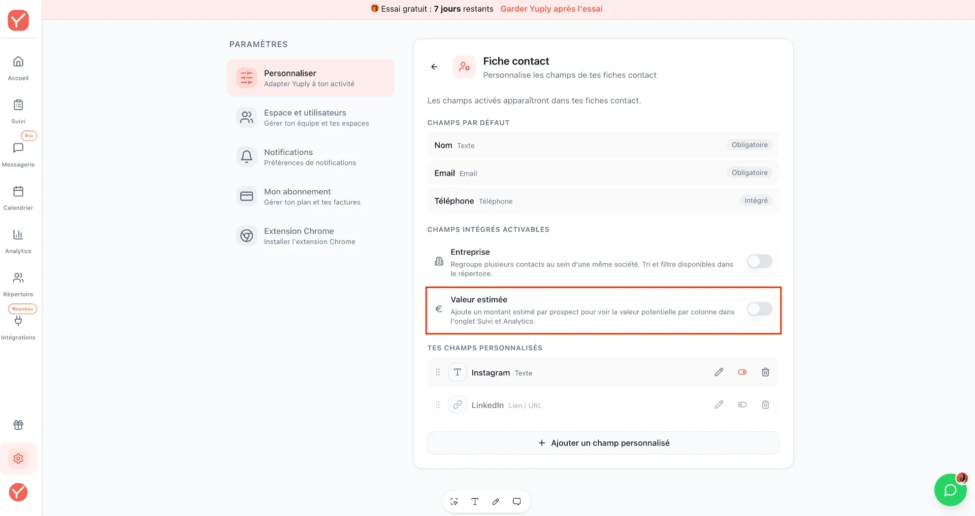 Activation du champ Valeur estimée dans les paramètres de fiche contact Yuply