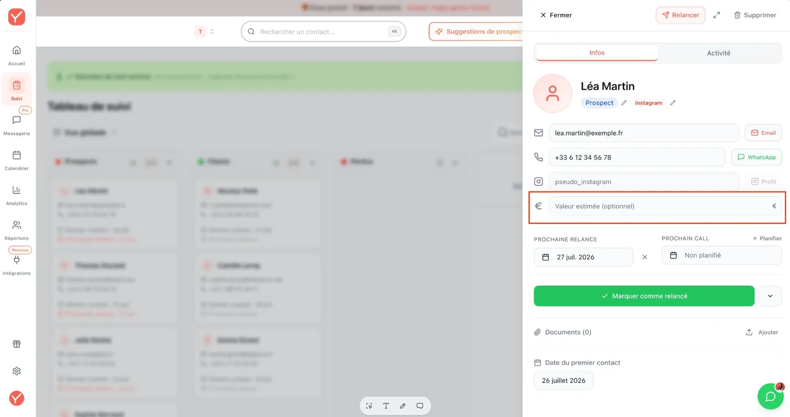 Champ Valeur estimée sur une fiche contact Yuply