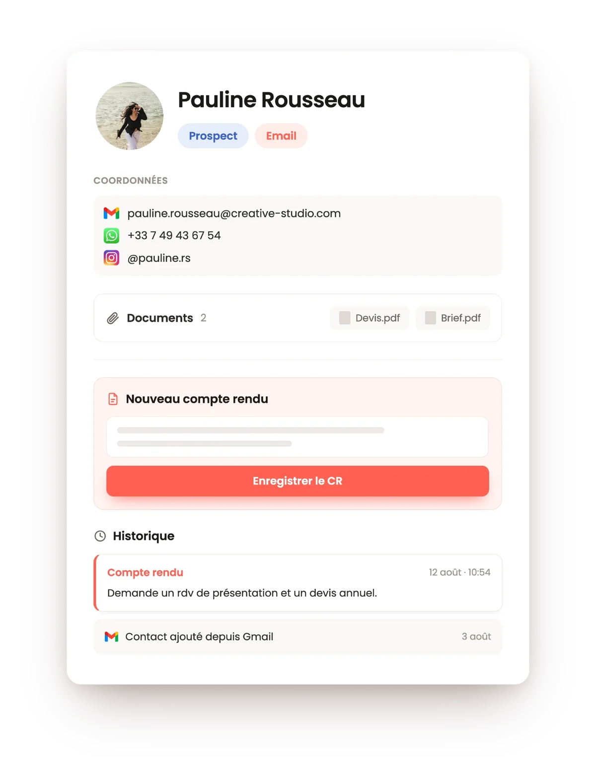 Fiche prospect Yuply : coordonnées, documents, comptes rendus et historique des échanges