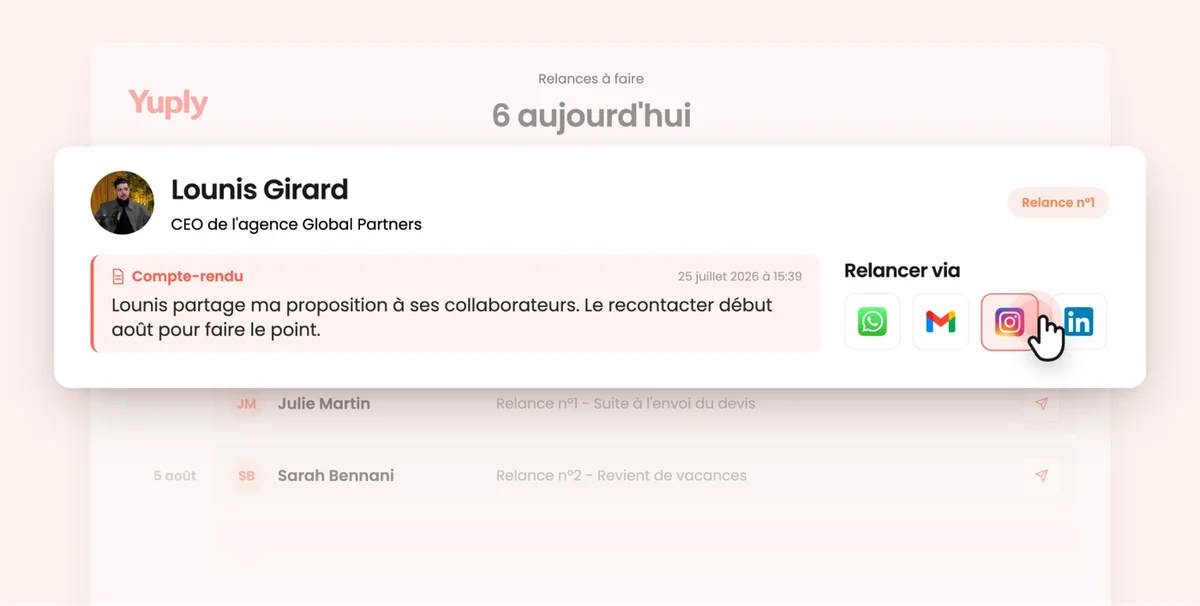 Vue « Relances à faire » de Yuply : liste des relances du jour avec compte-rendu et canaux de relance